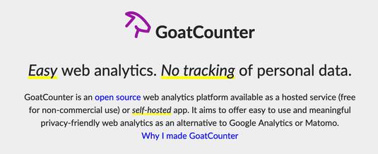 A screenshort from GoatCounter webpage saying Easy web analytics and No tracking of personal data