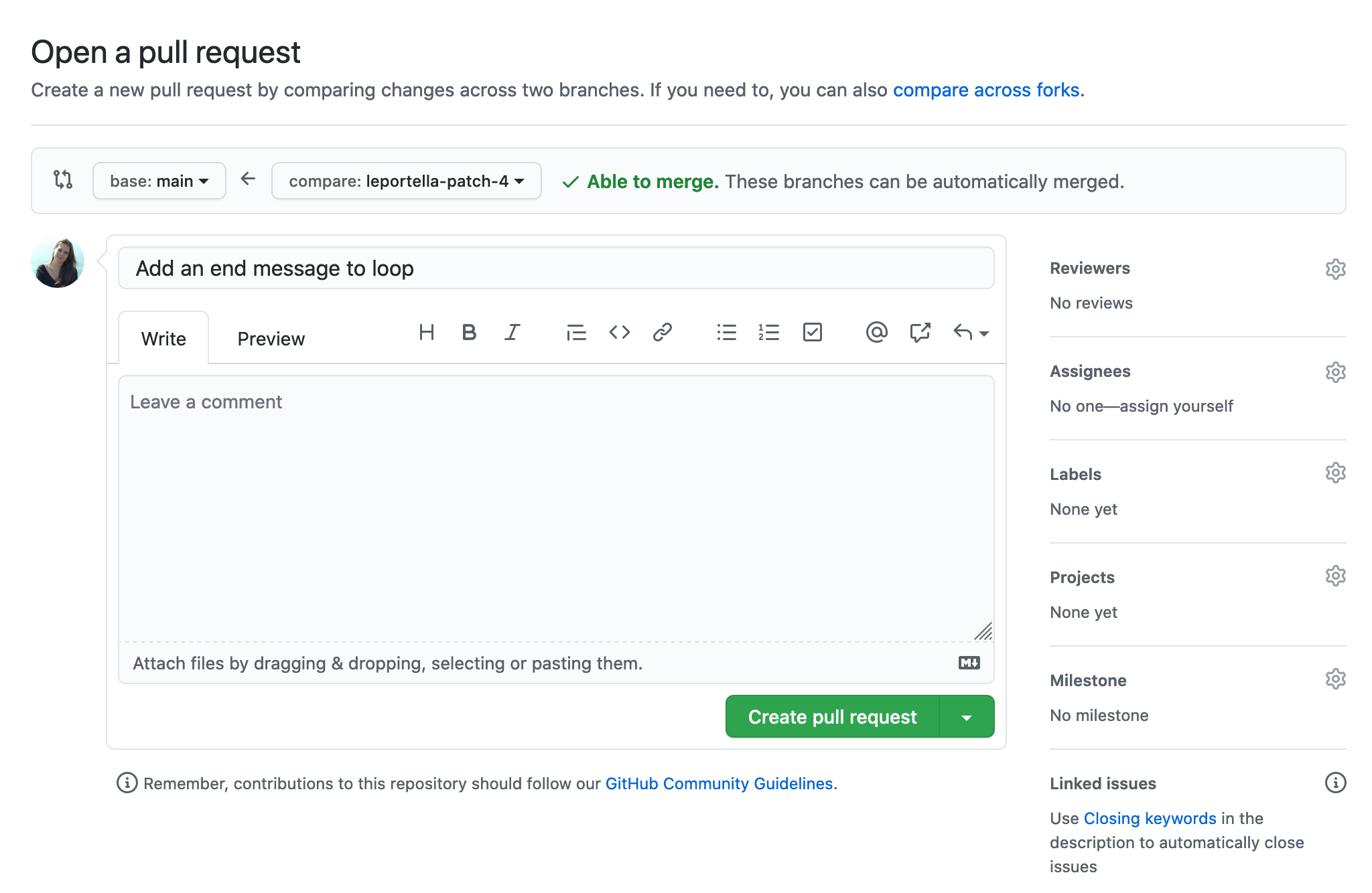 A screenshot showing how to write a new pull request on Github, with a short text input on the top and a description space on the bottom. You can also see a green button where you can read Create Pull Request