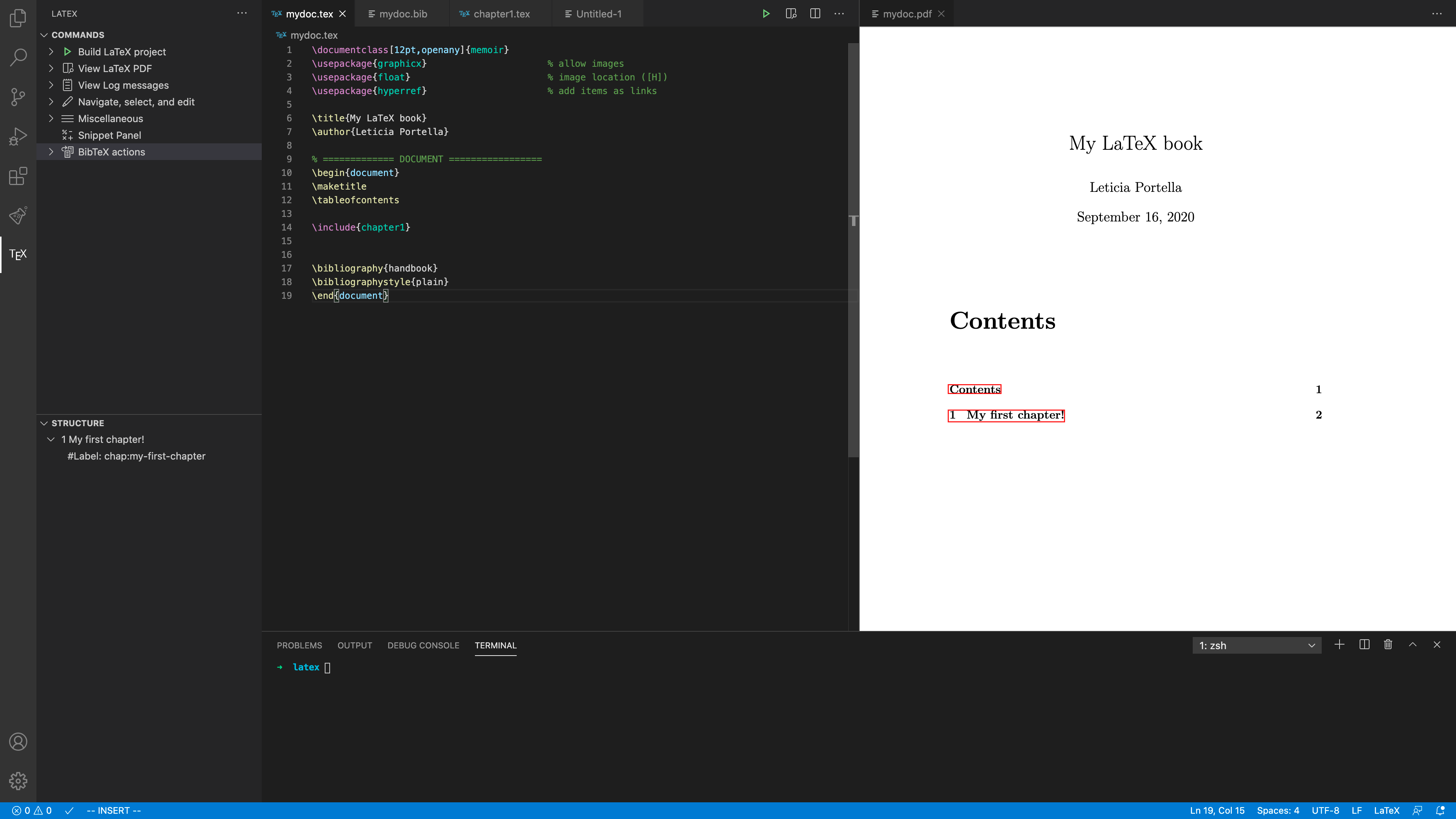 A screenshot of the VSCode interface. The screen is divided in 4 parts: on the left there is a list of files, in the middle the latex code, on the right the rendered pdf and on the bottom a terminal.