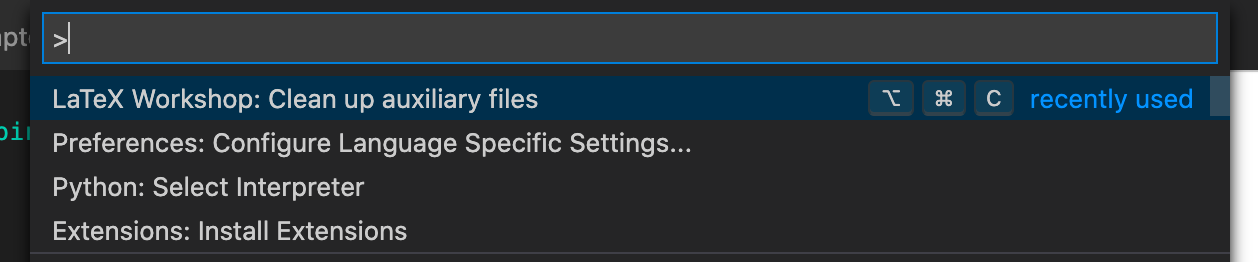 A screenshot of the VSCode command options where you can see the option to delete auxiliary files