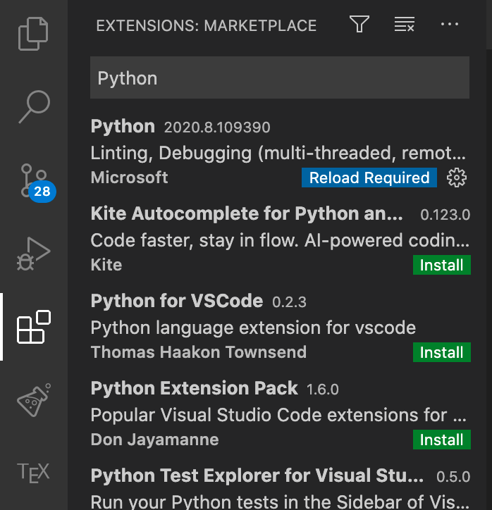 A screenshot showing VSCode extension marketplace with a filter for Python extensions.
