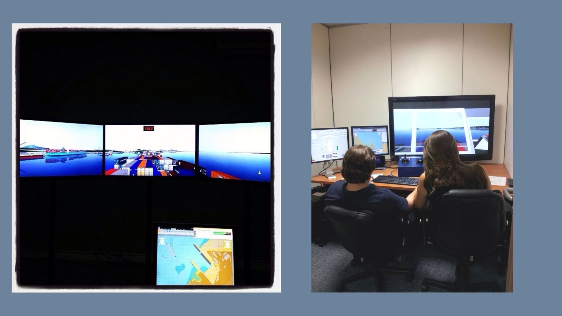 Duas imagens lado a lado. A da esquerda mostra quatro telas mostrando um simulador de navios. A imagem da direita são duas pessoas, um homem e uma mulher, de costas, olhando pra telas do mesmo simulador.