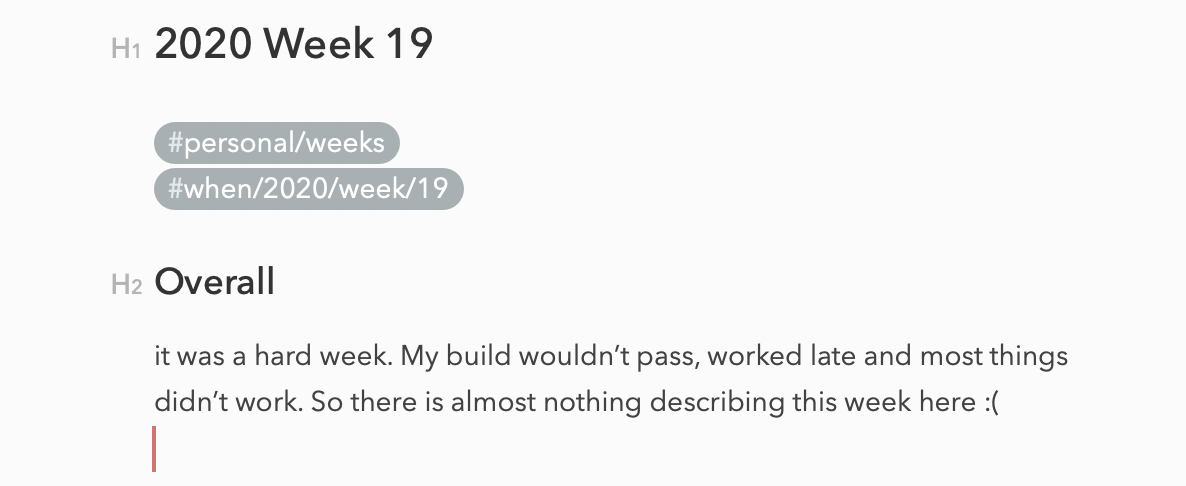 A screenshot with a section named Overall where it is written: it was a hardf week. My build wouldn't pass, worked late and most things didn't work. So there is almost nothing describing this week here