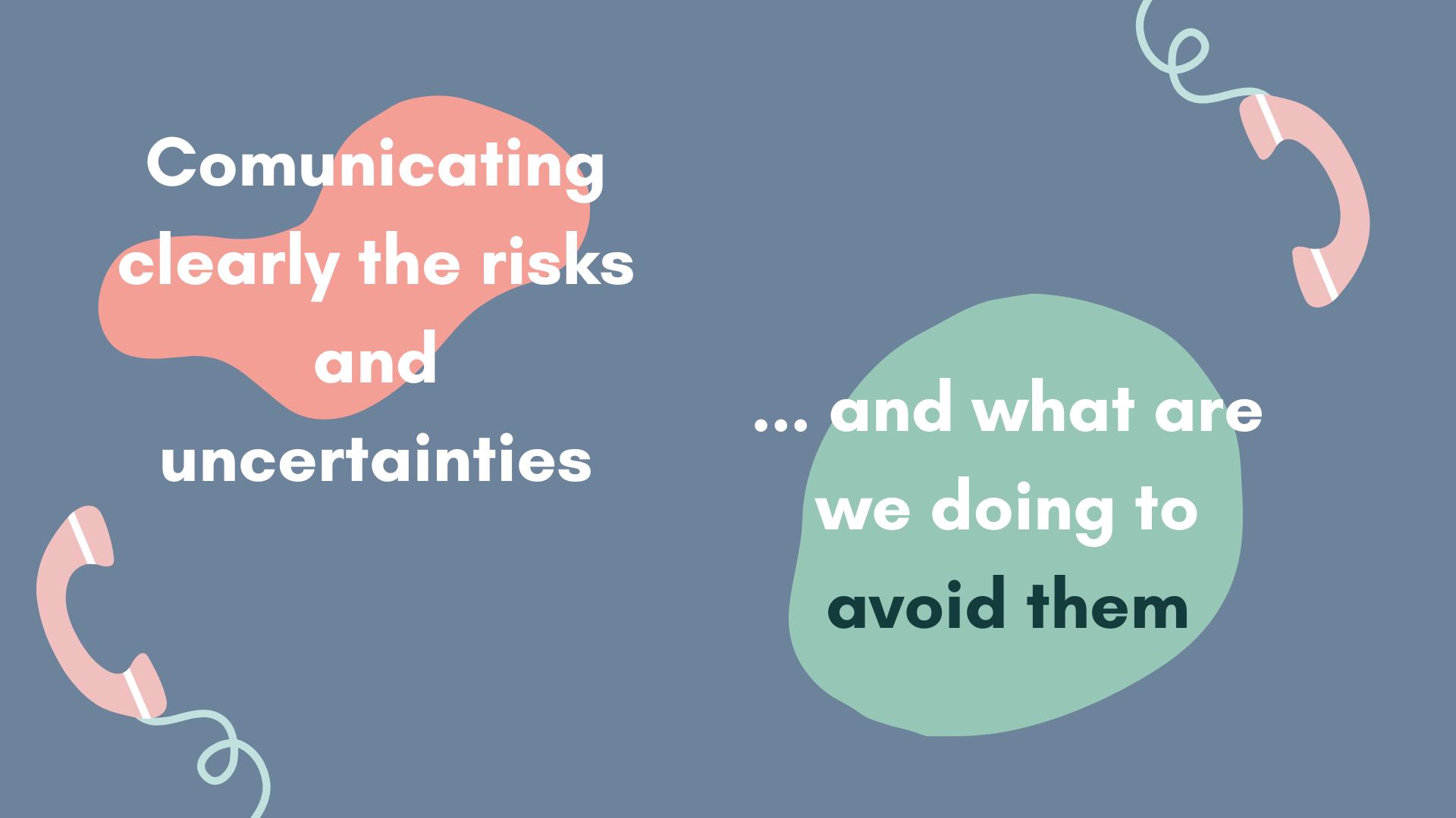 A colored slide where it reads: 'Communicating clearly the risks and uncertainties and what are we doing to avoid them.'